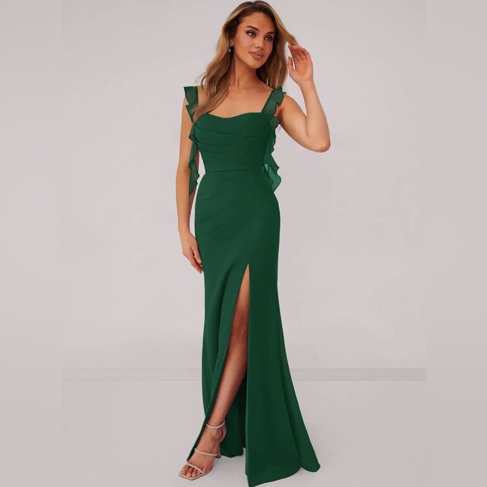 Azazie dark green Maxi Dress with Ruffle Straps
